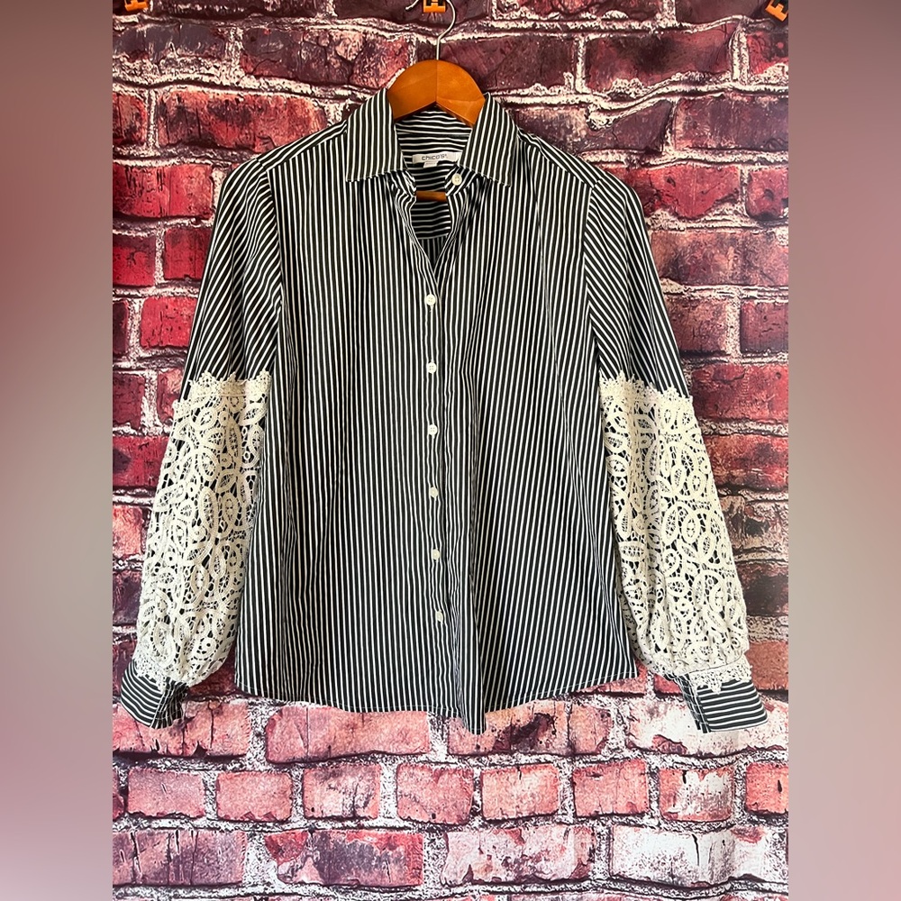 Chico's Striped Shirt with Lace Sleeves
